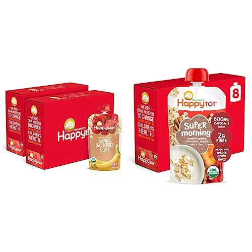 Happy Baby Organics Clearly Crafted Stage 2 Baby Food, Bananas, Raspberries & Oats (Pack of 16) & Happy Tot Organics Super Morning Stage 4, Apple Cinnamon, Yogurt, Oats Pack of 8)