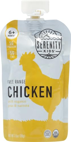 Serenity Kids 6+ Months Baby Food Pouches Puree Made With Ethically Sourced Meats & Organic Veggies | 3.5 Ounce BPA-Free Pouch | Free Range Chicken, Pea, Carrot | 1 Count (Pack of 5)