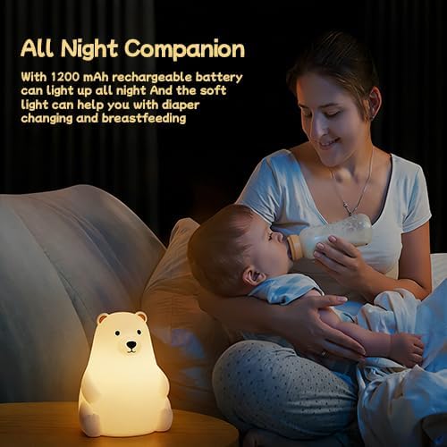 Polar Bear Silicone Night Light for Kids Nursery Bedroom - Tap Control, 3 Adjustable Brightness, USB Rechargeable, Child-Safe Soft Glow LED Lamp, Baby Gift Idea