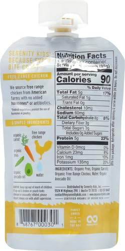Serenity Kids 6+ Months Baby Food Pouches Puree Made With Ethically Sourced Meats & Organic Veggies | 3.5 Ounce BPA-Free Pouch | Free Range Chicken, Pea, Carrot | 1 Count (Pack of 5)