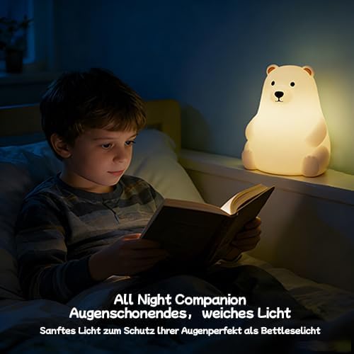 Polar Bear Silicone Night Light for Kids Nursery Bedroom - Tap Control, 3 Adjustable Brightness, USB Rechargeable, Child-Safe Soft Glow LED Lamp, Baby Gift Idea