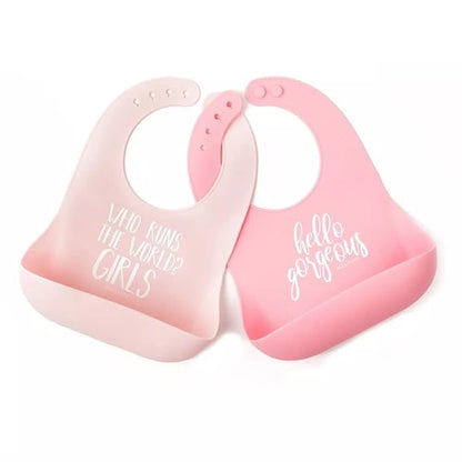 Bella Tunno Wonder Bib 2pk - Adjustable Silicone Baby Bibs for Girls & Boys, Durable and Waterproof BPA Free Silicone, Run The World & Hello Gorgeous