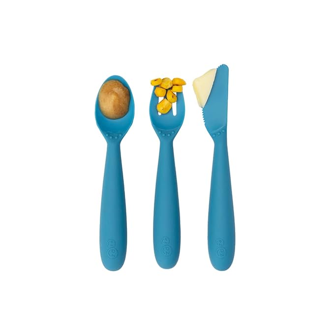 ezpz Happy Utensils (Blue) - 24 Months+ - BPA Free Toddler - Fork, Spoon and Knife for Toddlers and Preschoolers - Kids Utensils for Self-Feeding Development