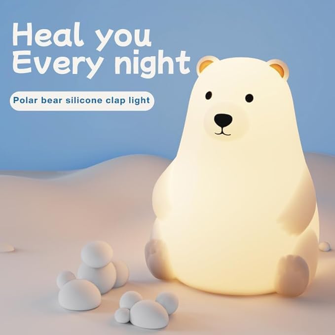 Polar Bear Silicone Night Light for Kids Nursery Bedroom - Tap Control, 3 Adjustable Brightness, USB Rechargeable, Child-Safe Soft Glow LED Lamp, Baby Gift Idea