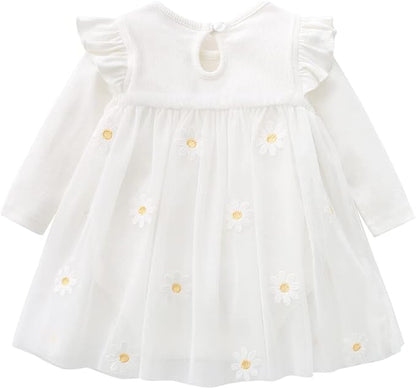 Vivobiniya Toddler Girl Ruffle Daisy Tulle Bodysuit Dress Baby Girl Romper Long Short Sleeve Clothes