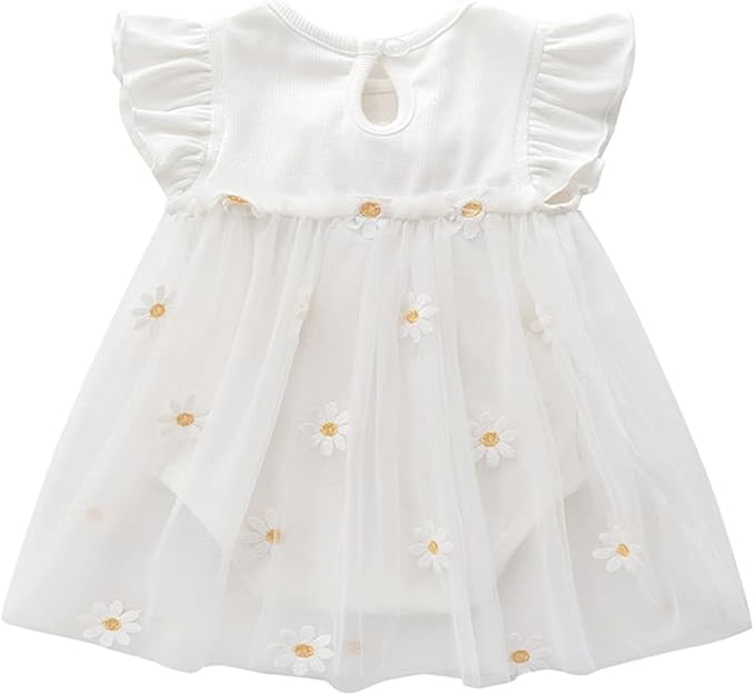 Vivobiniya Toddler Girl Ruffle Daisy Tulle Bodysuit Dress Baby Girl Romper Long Short Sleeve Clothes
