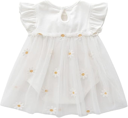 Vivobiniya Toddler Girl Ruffle Daisy Tulle Bodysuit Dress Baby Girl Romper Long Short Sleeve Clothes