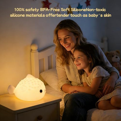 White Pufferfish Night Light - Silicone Touch Sensor Lamp for Nursery, 3 Adjustable Brightness, USB-C Rechargeable Baby-Safe Bedside Light, Modern Kids Room Decor & Toddler Sleep Aid