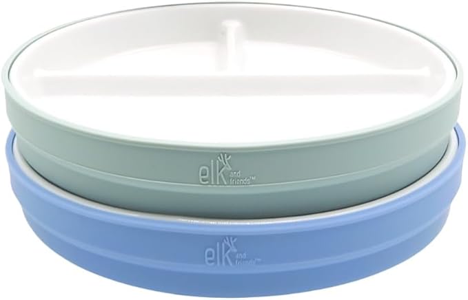 Elk and Friends Kids 7.8” Porcelain White Plates with Silicone Sleeves | Divided Plates | Suitable for Kids/Toddlers | Microwave & Dishwasher Safe | Non Slip | Snack Dishes…