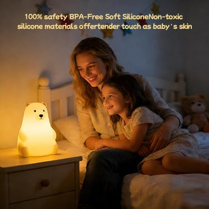 Polar Bear Silicone Night Light for Kids Nursery Bedroom - Tap Control, 3 Adjustable Brightness, USB Rechargeable, Child-Safe Soft Glow LED Lamp, Baby Gift Idea