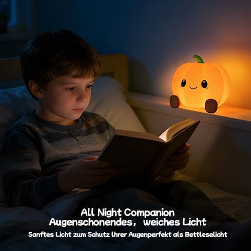 Pumpkin Night Light for Kids Adult, 3 Adjustable Brightness, USB-C Rechargeable, Baby-Safe Bedside Light, Toddler Sleep Training & Kids Room Decor