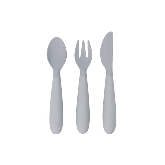 ezpz Happy Utensils (Pewter) - 24 Months+ - BPA Free Toddler Utensils - Fork, Spoon and Knife for Toddlers and Preschoolers - Kids for Self-Feeding Development