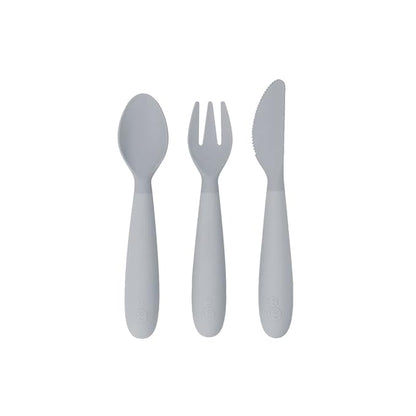 ezpz Happy Utensils (Pewter) - 24 Months+ - BPA Free Toddler Utensils - Fork, Spoon and Knife for Toddlers and Preschoolers - Kids for Self-Feeding Development