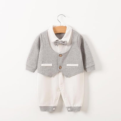 HUAANIUE Newborn Baby Boys Gentleman Romper One Piece Long Sleeve Bowtie Outfit Formal Wear Tuxedo Suit