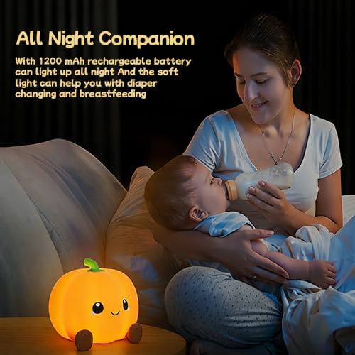 Pumpkin Night Light for Kids Adult, 3 Adjustable Brightness, USB-C Rechargeable, Baby-Safe Bedside Light, Toddler Sleep Training & Kids Room Decor