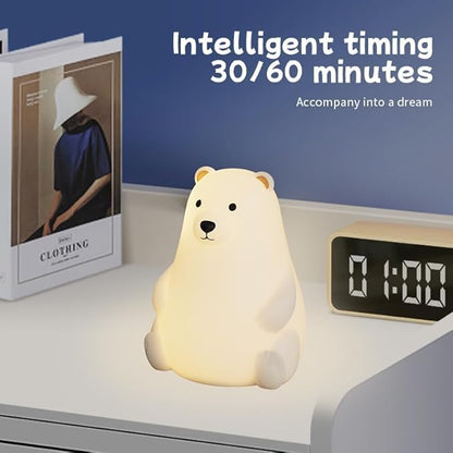 Polar Bear Silicone Night Light for Kids Nursery Bedroom - Tap Control, 3 Adjustable Brightness, USB Rechargeable, Child-Safe Soft Glow LED Lamp, Baby Gift Idea