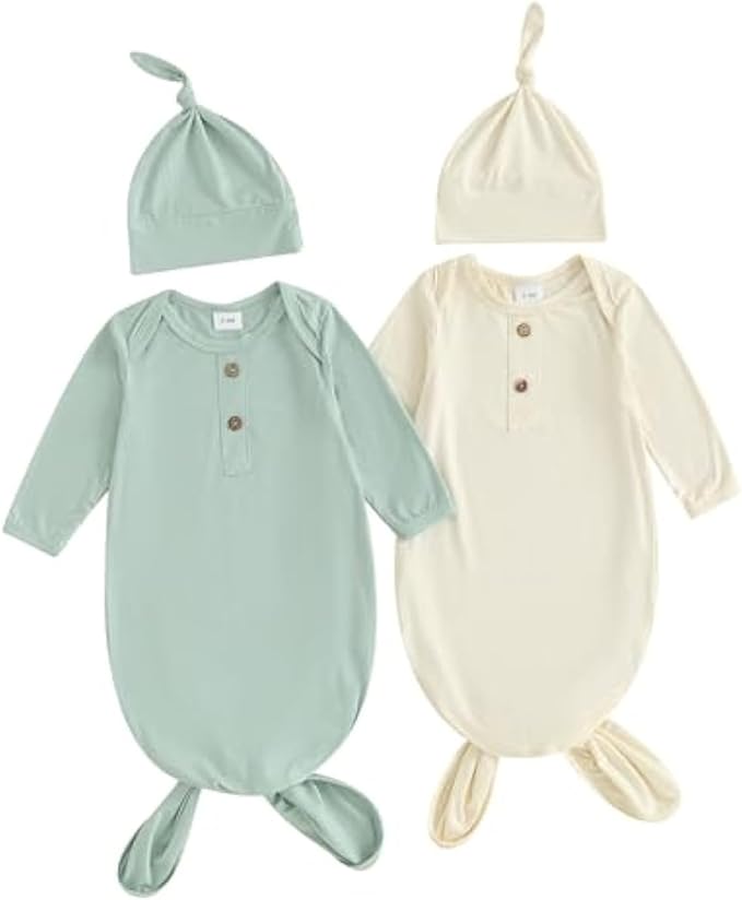 Newborn Knotted Gown 2 Pack Plain Sleeper for Baby Boy Girl Coming Home Outfit