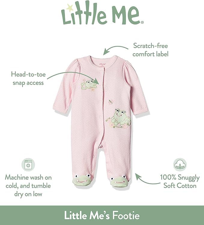 Little Me Clothes for Baby Girls' 100% Cotton Scratch-Free Tag Footie Sleeper, Preemie to 9 Months