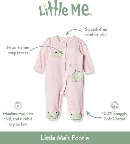 Little Me Clothes for Baby Girls' 100% Cotton Scratch-Free Tag Footie Sleeper, Preemie to 9 Months
