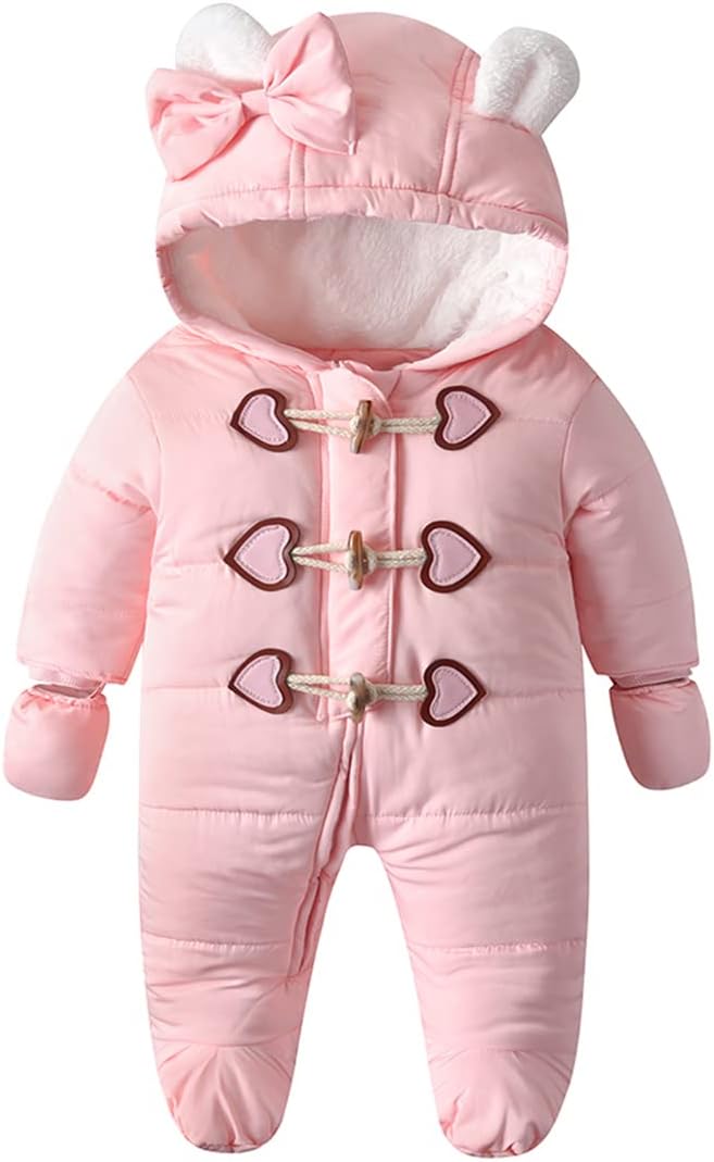 Baby Winter Snowsuit Warm Hooded Coat Onesie Romper Jumpsuit with Footed Gloves for Boys Girls 3-24 Months