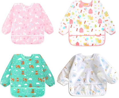 Accmor 4 Pack Long Sleeve Bibs, Baby Smock Waterproof Sleeved Bib Smock for Baby Toddler 6-36 Months