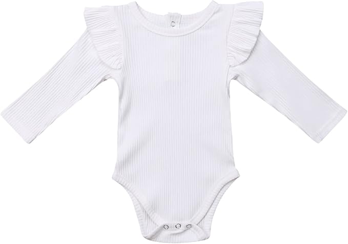 Mubineo Infant Baby Girl Basic Plain Rib Knit Ruffle Long Sleeve Romper Bodysuit Tops