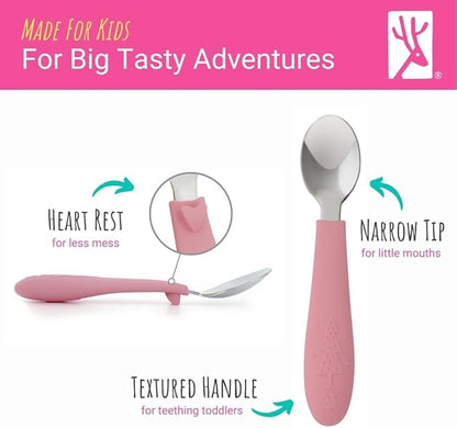 Elk and Friends Kids Silverware with Silicone Handle | Childrens Safe Flatware | Toddler Utensils | Baby Spoons + Forks | Stainless Steel Cutlery | Dishwasher Safe | 6 Pieces