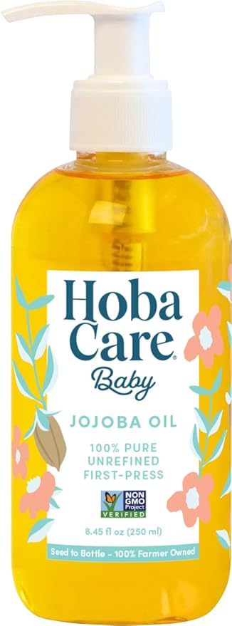 HobaCare Jojoba Baby Oil with Pump Dispenser – 100% Pure Natural Unrefined Unscented Hexane Free Cold Pressed Jojoba Oil for Baby Hair, Infant Skin, Scalp Moisturizing, Body Care Shower Gift (8.45 oz)