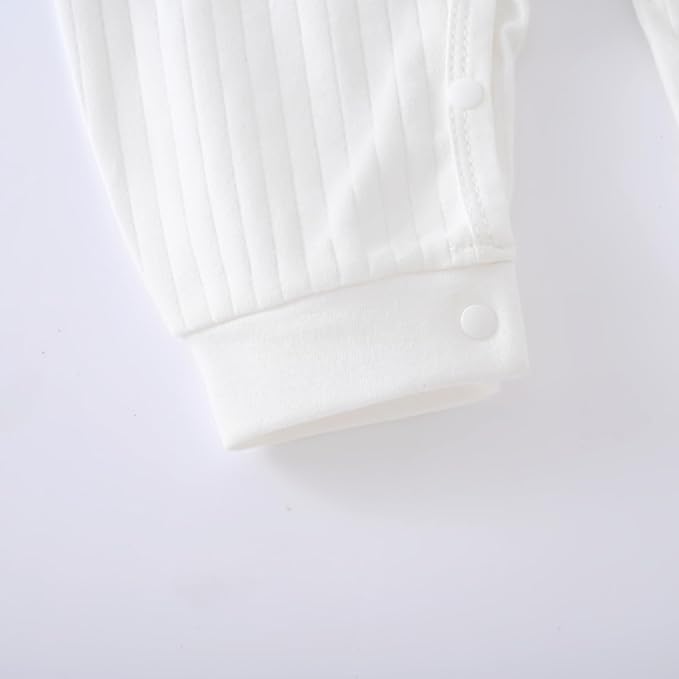 Baby Ribbed Romper and Hat Set with Bear Applique, 100% Cotton Infant Bodysuit, White, Long Sleeve