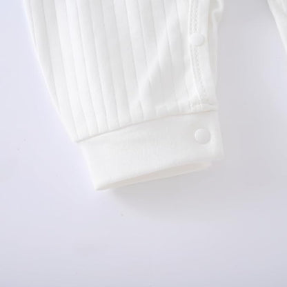 Baby Ribbed Romper and Hat Set with Bear Applique, 100% Cotton Infant Bodysuit, White, Long Sleeve