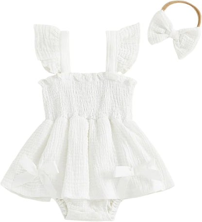 Thorn Tree Baby Girl Summer Clothes Newborn Outfit Ruffle Romper Infant Baby Dress Bow Headband Solid Cute Outfits Girls