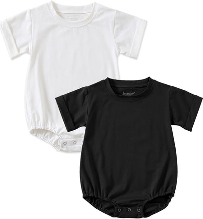 Jimonda Baby Bubble Romper Boy Girl Solid Color T-Shirt Outfits Short Sleeve Bodysuit Organic Cotton 2Pcs