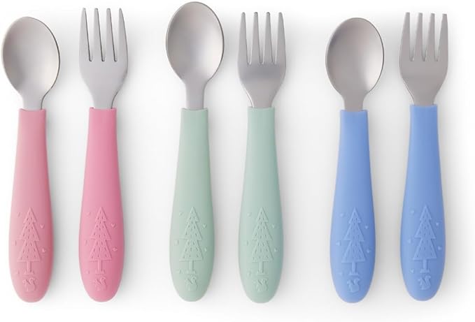 Elk and Friends Kids Silverware with Silicone Handle | Childrens Safe Flatware | Toddler Utensils | Baby Spoons + Forks | Stainless Steel Cutlery | Dishwasher Safe | 6 Pieces