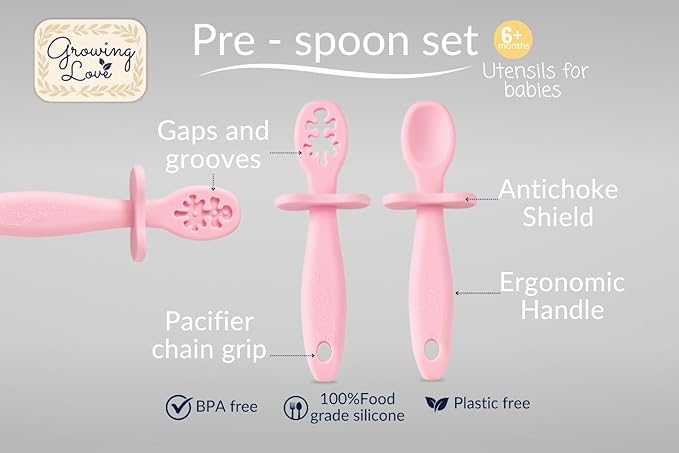 Growing Love Baby Spoons Set, Self Feeding 6 months, Pre-Spoon, Baby utensils, Toddler spoon, training spoon, cuchara bebe, blw, 100% silicone, Anti choke shield (pink)