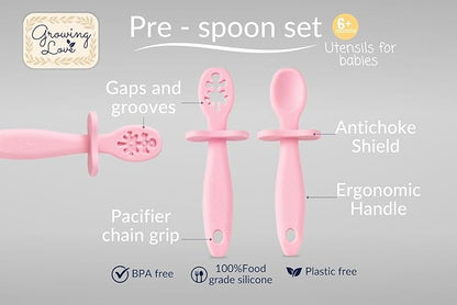 Growing Love Baby Spoons Set, Self Feeding 6 months, Pre-Spoon, Baby utensils, Toddler spoon, training spoon, cuchara bebe, blw, 100% silicone, Anti choke shield (pink)