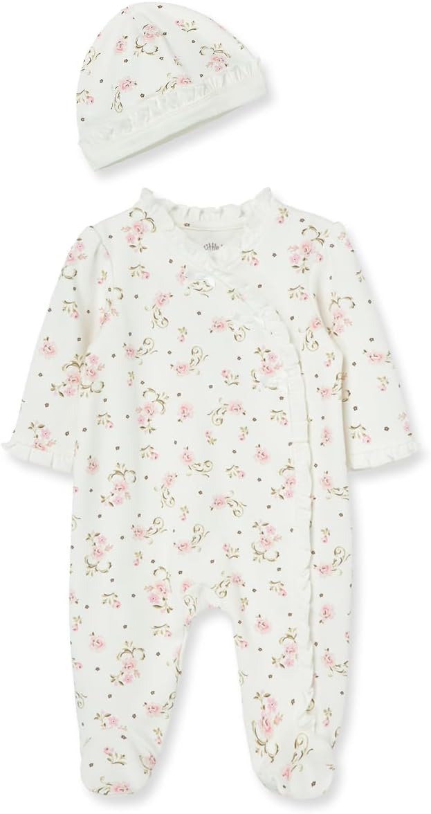 Little Me Clothes for Baby Girls 100% Cotton Scratch-Free Tag Footed One-Piece Romper and Hat Sleeper Set Preemie to 9 Months