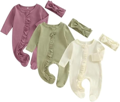 Merqwadd Baby Girl Zipper Pajama Footies 3 Pack Ruffle Sleeper Coming Home Infant Cotton Clothes