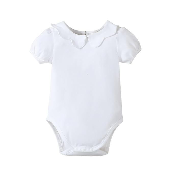 0-24M Infant Girls Ruffle Collar Romper Baby Girl Solid Color Bodysuit Casual Jumpsuit (White short, 0-3 Months)