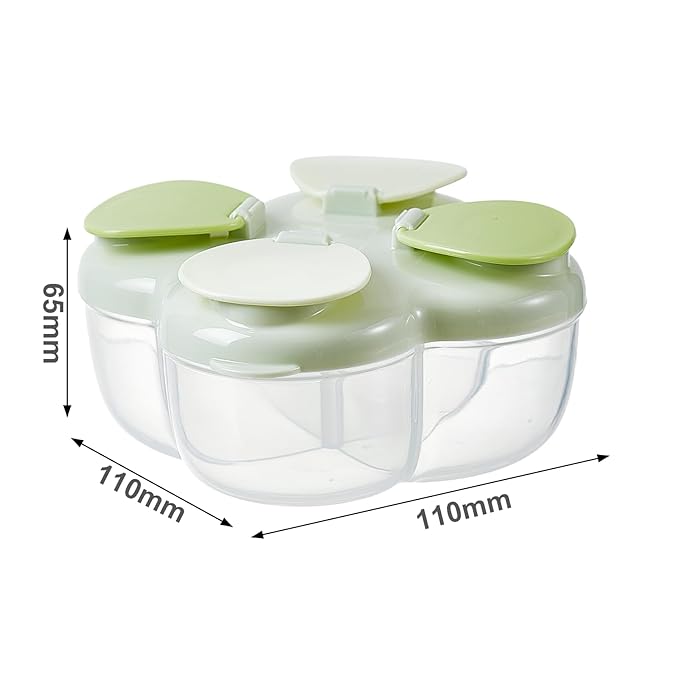 Formula Dispenser No-Spill with Four Compartment, Infant Milk Powder Dispenser Portable On The Go, Kids Snack Formula Containers for Travel Hold Outdoor, Green