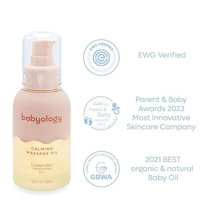Babyology - Calming baby oil for Newborn with Baby essential oils - 3,38 Fl. Oz (100ml) - Lavender - Nourishing and Moisturizing Massage for Bonding