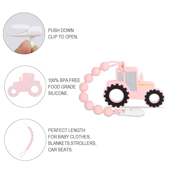 Baby Tractor Teething Toys,Food Grade Silicone Teether with One-Piece Pacifier Clip Holder,Baby Gift,Highly Effective Pain Relief for 3 Months+ Boy and Girl,BPA Free,Freezer Safe. (Pink)
