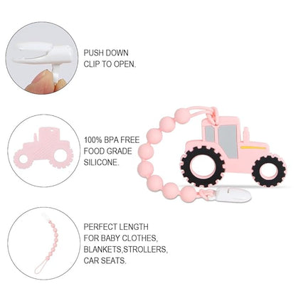 Baby Tractor Teething Toys,Food Grade Silicone Teether with One-Piece Pacifier Clip Holder,Baby Gift,Highly Effective Pain Relief for 3 Months+ Boy and Girl,BPA Free,Freezer Safe. (Pink)