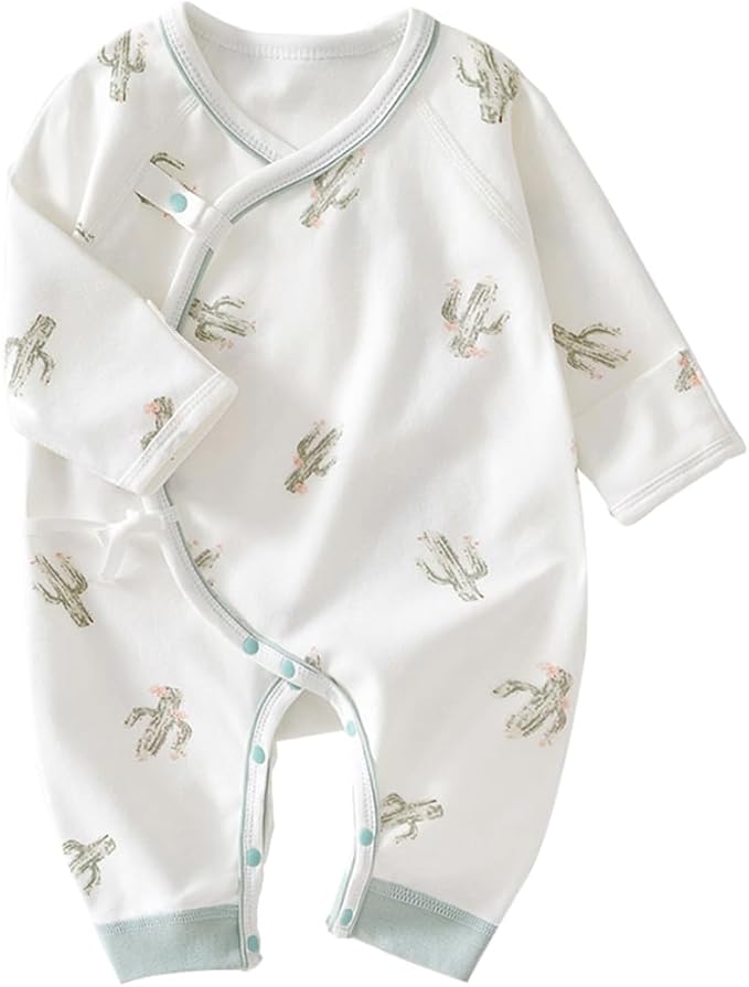 BINIDUCKLING Newborn Kimono Side Snap & Tie Wrap Over Long Sleeve Romper with Mitten Cuffs