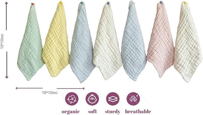 Muslin Baby Washcloths Pack of 7 - Soft Sweat Cloths for Newborn, Absorbent Baby Bath and Face Towels, 100% Cotton Baby Wipes,Burp Cloths,Feeding Towels for Babies and Infants,Solid-10 x 10’’