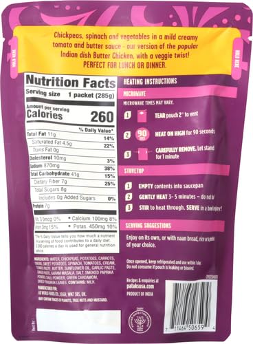 Patak's Butter Chickpeas & Veggies, 10.05 Oz (Pack of 4) Mild Curry with Chickpeas, Spinach, Carrots, Ready to Heat Vegetarian Meals