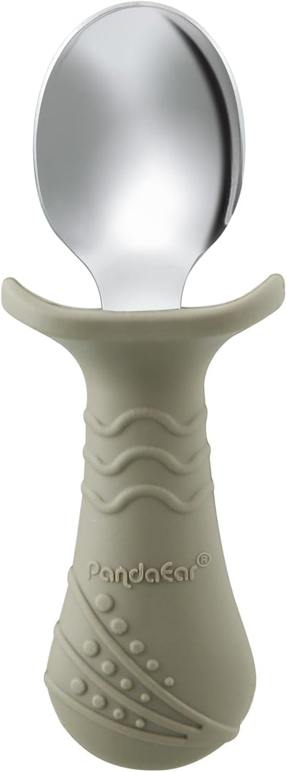 PandaEar Baby Toddler Fork and Spoon Utensil Set, 6 Pack Silicone Stainless Steel Silverware Spoon Fork for Babies Toddler, BPA Free with Silicone Holding Anti-Choke Design (Light Tan&Walnut&Grey)