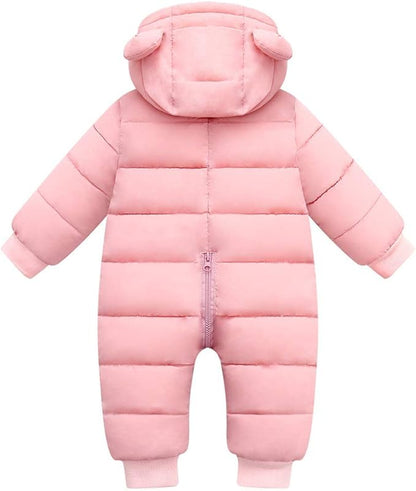 Unisex Baby Snowsuit Infant Cute Bear Hooded Winter Warm Flannel Lining Romper