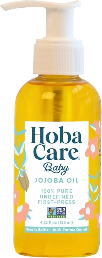 HobaCare Jojoba Baby Oil with Pump Dispenser – 100% Pure Natural Unrefined Unscented Cold-Pressed Jojoba Oil for Baby Hair, Infant Skin, Cradle Care & Body Moisture (4.22 fl oz)