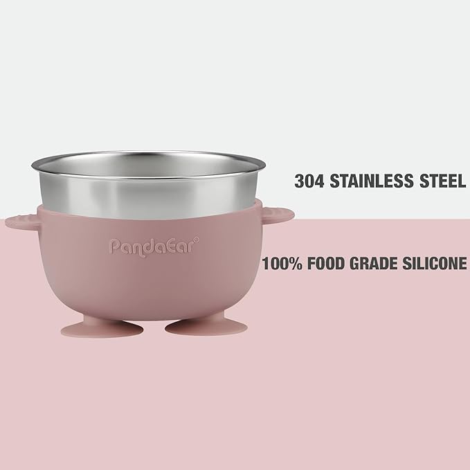 PandaEar 3 Pack Stainless Steel Baby Suction Bowls, Non-Slip Child Food Bowl with Silicone Sleeve for Kids Toddlers Infants, Unbreakable & Mess Free (Pink)