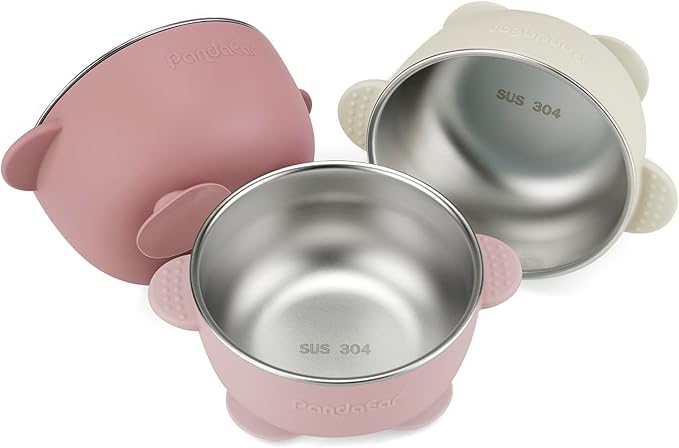 PandaEar 3 Pack Stainless Steel Baby Suction Bowls, Non-Slip Child Food Bowl with Silicone Sleeve for Kids Toddlers Infants, Unbreakable & Mess Free (Pink)